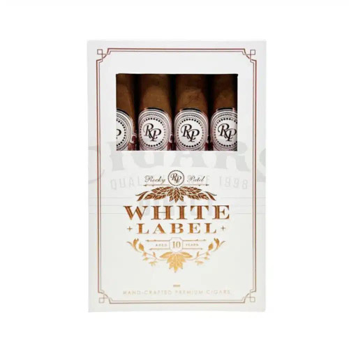 Montecristo Rocky Patel Cigars White Label Robusto Grande Sampler 4ct, box of premium cigars with white and gold packaging and clear window showing four cigars with matching bands.