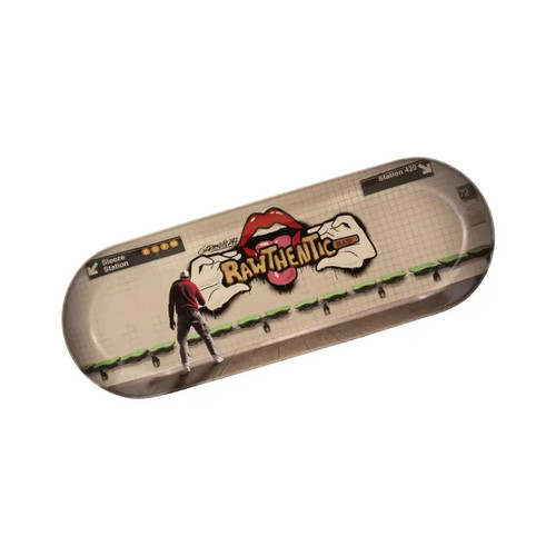 RAW Metal Skate NY Graffiti Rolling Tray, skateboard-shaped metal rolling tray with graffiti-style artwork and a skateboarder image.