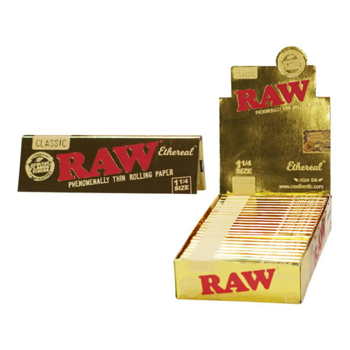 RAW Classic Ethereal Rolling Papers, gold and black box packaging with 1 1/4 size, thin and natural rolling paper for cigarettes or herbs.