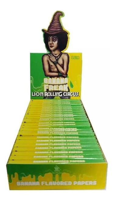 Lion Rolling Circus 1 1/4" Banana Freak Rolling Papers, colorful box display of banana flavored rolling papers with a vibrant art design featuring a woman wearing a witch hat.
