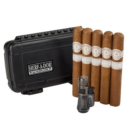 Montecristo White Cigars Travel Combo with Lighter, includes six cigars, a black Herf-A-Dor case, and a lighter for premium cigar smoking on the go.