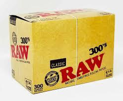 RAW Classic Rolling Papers 300s, yellow and black packaging box showing product details and branding.