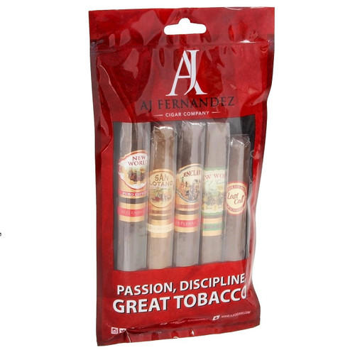 Montecristo AJ Fernandez Cigar Sampler Foil Fresh Pack 5ct, a red resealable bag containing five assorted cigars with colorful labels.