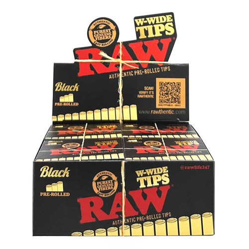RAW Black Rolling Papers W-Wide Pre-Roll Tips 20ct/18, display of black packaging boxes of RAW pre-rolled tips with bold red and yellow text and QR code.