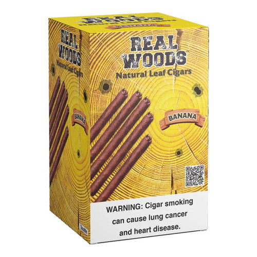 Product Altadis Real Woods Natural Leaf Cigars 8/5Ct, pack of cigars in a yellow box with a wood grain design and banana flavor label.