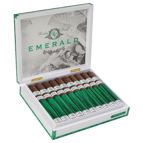Rocky Patel Cigars Emerald, a box of premium cigars with green and brown wrappers neatly arranged inside a white presentation box.