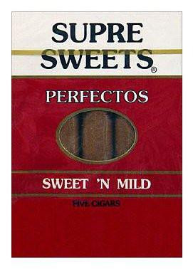 Altadis Supre Sweets Perfectos Cigars Pack, a box of cigarillos with a red and white design and transparent window showing the cigars inside.