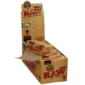 RAW Rolling Papers 3 Meter Rolls, flexible brown kraft paper rolls for rolling cigarettes and joints displayed in retail packaging.