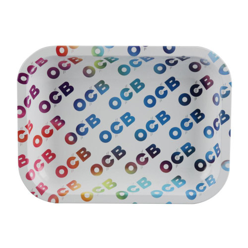 Republic Group OCB Premium Rolling Tray- Medium-1, a colorful medium-sized rolling tray with a pattern of multicolored OCB logos printed across the surface.