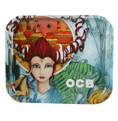 Republic Group OCB Premium Rolling Tray Medium, artistic illustrated design featuring a woman with red hair, desert landscape, and green foliage.