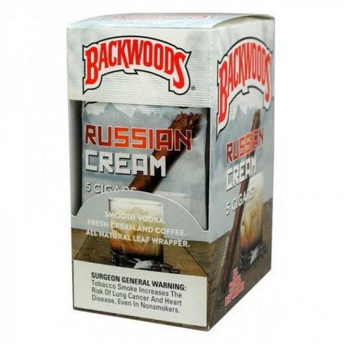 Backwoods Russian Cream Cigars 8/5Ct, retail box with branding and an image of a cigar with a glass of creamy drink.