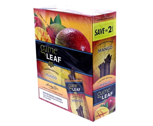 Product Swedish Match Game Leaf Cigars Mango 15/2, colorful package featuring mango and leaf graphics with promotional offers.