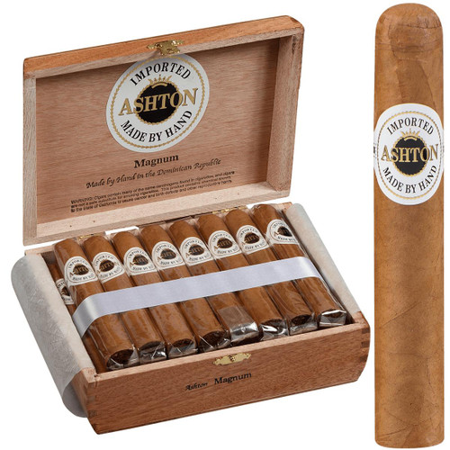 Ashton Cigars Ashton Classic Cigars Magnum 25Ct Box, open wooden box containing 25 cigars with Ashton labels, and one unboxed cigar standing upright showing its brown wrapper.