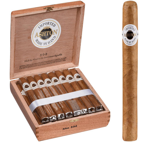 Ashton Cigars Ashton Classic Cigars 898 25Ct Box, open wooden cigar box with multiple cigars inside and a single cigar outside.