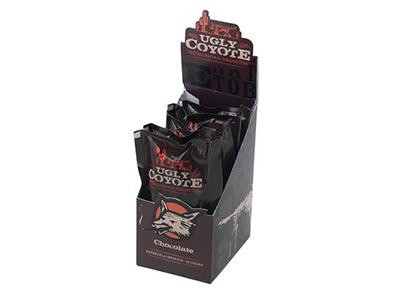 Ugly Coyote Cigars Chocolate 5/8 Packs, retail display box with individually wrapped chocolate cigars featuring the Ugly Coyote logo and a cartoon coyote, designed for easy grab-and-go purchase.