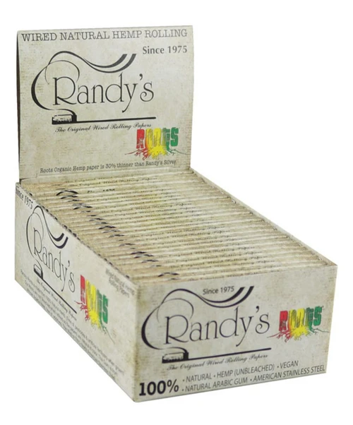 Randy's Roots Wired Natural Hemp Rolling Papers, 25Count, display of pre-rolled natural hemp papers in a cardboard box for rolling.