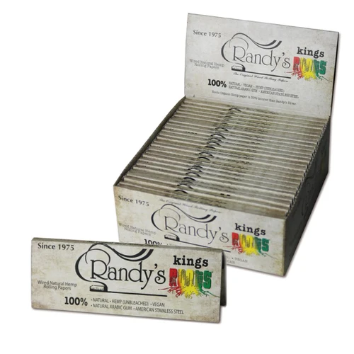 Randy's Roots Wired Natural Hemp King Size Rolling Papers 25Ct, product packaging with multiple pages displayed and colorful branding.
