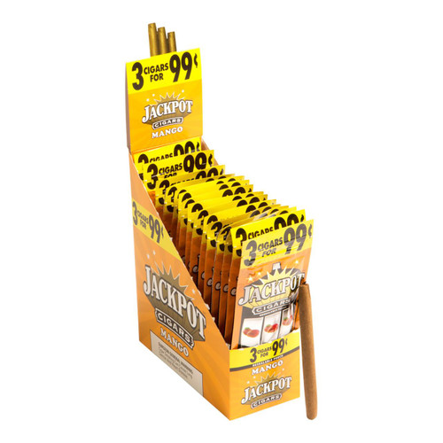 Product Swedish Match Jackpot Cigarillos Mango 15/3Ct, display of cigarillos in orange and yellow packaging with promotional signage, including a cigarillo outside the pack.