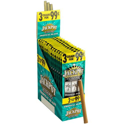 Swedish Match Jackpot Cigarillos Tropical Blast 15/3Ct, display of tropical-flavored cigarillos in yellow and green packaging with promotional offer stating 3 for 99 cents.