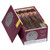 La Gloria Cubana Cigars Spanish Press Toro 20 Ct. Box 6.50x52, a maroon cigar box with a lid partially open, revealing five cigars inside with colorful labels.