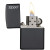 Zippo Matte W/ Zippo Logo, close-up image of a matte black lighter with the Zippo logo on the lid that is open, showing the lit flame.