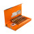 AVO Avo Cigar Sampler Robusto Assortment 8 Ct. Box, featuring a bright orange box with eight cigars neatly arranged inside and labeled with colorful bands.