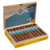 AVO Syncro American Ritmo Robusto Cigars 20Ct. Box, open wooden cigar box containing 20 cigars with blue and white bands inside a yellow and wood-colored packaging.