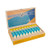 AVO Syncro Ritmo Robusto Tubos Cigar 20Ct. Box, wooden cigar box opened displaying 20 individually wrapped cigars with blue and yellow packaging.