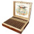 San Cristobal Cigars, an open wooden box with cigars arranged inside and colorful artwork on the lid depicting a bird with a cigar in its beak and coins.