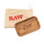 RAW Wood Rolling Tray with Pouch, natural wooden tray with RAW logo, and a beige pouch with RAW branding for storing rolling accessories.