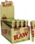 RAW Raw Organic Hemp Cones 1 1/4 32 Packs, display of organic hemp rolling cones in a cardboard box with multiple cones arranged inside.