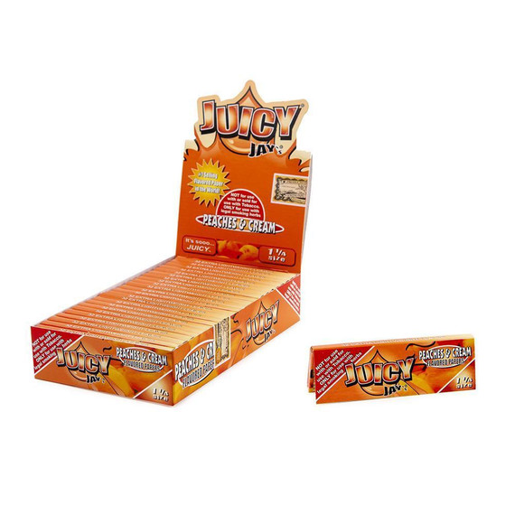 Juicy Jay Rolling Papers Peaches & Cream 1 1/4 24Ct, orange flavored rolling papers in a box and individual pack.