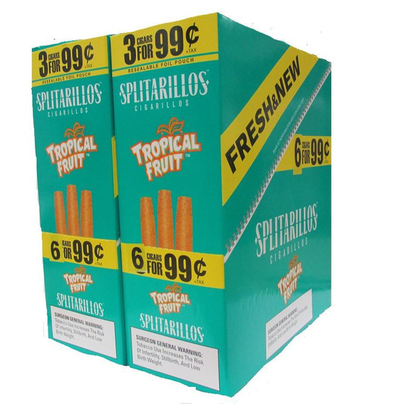 Product Trendsettah Inc Splitarillos Cigarillos Tropical Fruit 30 Pouches of 3, colorful packaging of cigarillos featuring tropical fruit flavor with promotional offers on the packs.