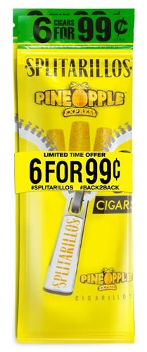 Trendsettah Inc Splitarillos Cigarillos TSI Express 30 Pouches of 3, yellow and green packaging with a promo banner for 6 for 99¢ and Pineapple flavor logo.