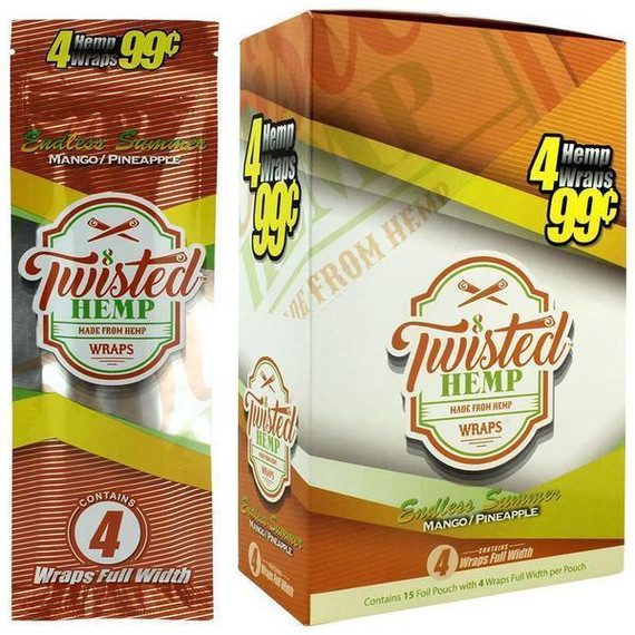 National Almond Honey Twisted Hemp Wraps Endless Summer 15 Pouches of 4, packaging with mango and pineapple flavor, featuring hemp wrap product with bold yellow and orange design highlighting 4 hemp wraps for only 99 cents.