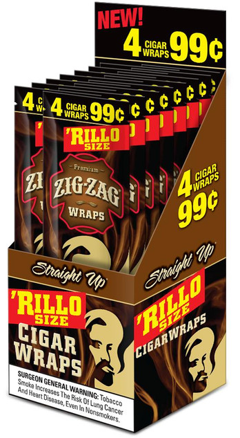 Republic Group Zig Zag Rillo Wraps Straight Up 4 for 0.99, display of cigarette wraps in a box with bold yellow and red lettering, featuring a silhouette of a man's face, and product details on the packaging.