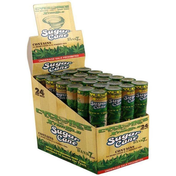 Show Cigars Cyclone Pre-Rolled Hemp Cones Sugar Cane 24 Packs of 2, image of a cardboard display box filled with pre-rolled hemp cones designed for smoking, featuring colorful branding and hemp leaf imagery.