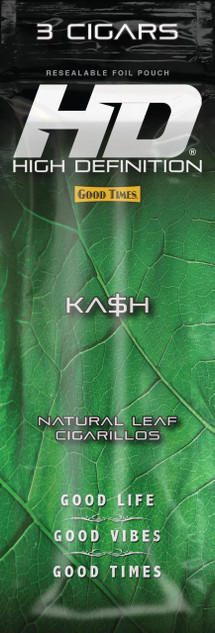 Good Times #HD Cigarillos Kash 15 Packs of 3, resealable foil pouch with green leaf design, featuring bold white and black text, for natural leaf cigarillos.