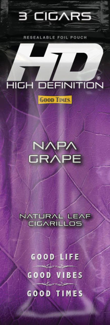 Good Times #HD Cigarillos Napa Grape 15 Packs of 3, resealable foil pouch with a purple leaf design and product branding.