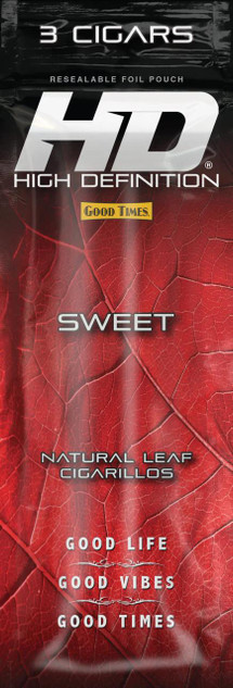 Good Times #HD Cigarillos Red 15 Packs of 3, resealable foil pouch with red leaf design and bold branding for natural leaf cigarillos.