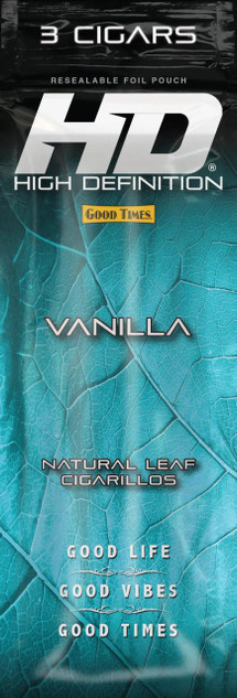 Good Times #HD Cigarillos Vanilla, product packaging with a textured blue leaf design, featuring product details like 'High Definition' and 'Natural Leaf Cigarillos'.