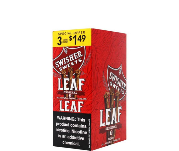 Swisher International Swisher Sweets Leaf Cigar Natural, red packaging with three cigars and a promotional yellow sticker displaying a special offer of three cigars for $1.49.