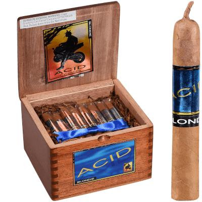 Drew Estate Acid Cigars Blue Blondie 40 Ct. Box with cigars inside and a single cigar outside the box, featuring colorful wrapping and packaging.
