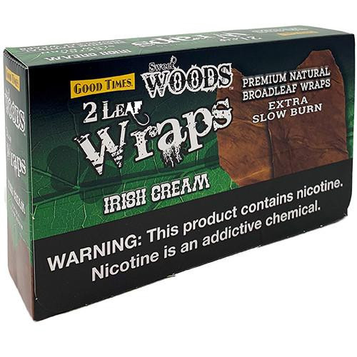 Good Times Sweet Woods Irish Cream Wraps 30 Packs of 2, package of natural broadleaf wraps with Irish cream flavor and caution label.
