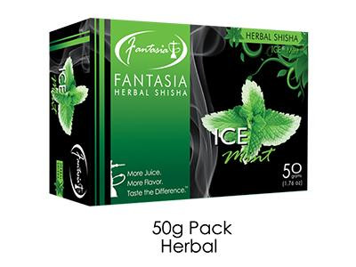 Fantasia Hookah Fantasia Herbal Shisha 50G, green and black box packaging featuring mint leaves and herbal shisha branding.