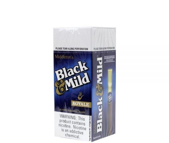 John Middleton Black & Mild Royale Cigars Box, packaged tobacco product with a white, blue, and gold design featuring the brand name and warnings.