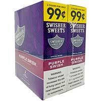 Swisher International Swisher Sweets Cigarillos Foil Purple Swish, box of 30 pouches of 2 cigarillos each in purple packaging.