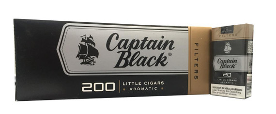 Product Scandinavian Tobacco Captain Black Little Cigars Filter, black and gold box with the Captain Black logo and image of a sailing ship.