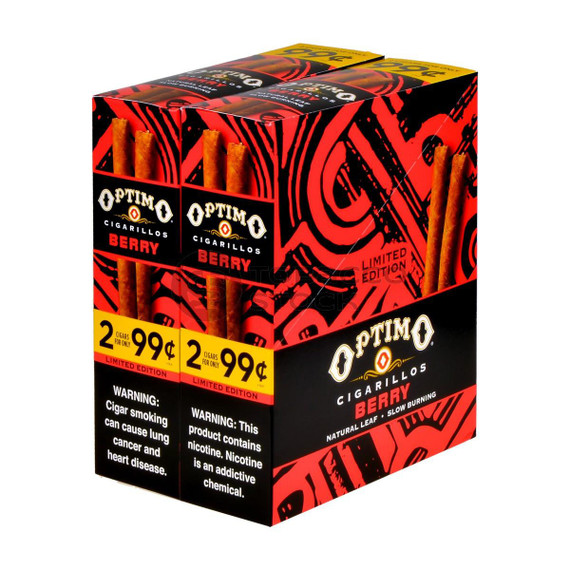 Swisher International Optimo Cigarillos Foil Pack Berry 30 Packs of 2, red and black packaging with images of cigarillos, promotional price offer, and warning labels.