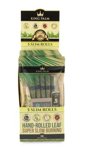 King Palm Wraps King Palm Slim Rolls Size 5pk w/ Boveda 15ct, display box of slim natural leaf wrap rolls with Boveda packs for preserving freshness.